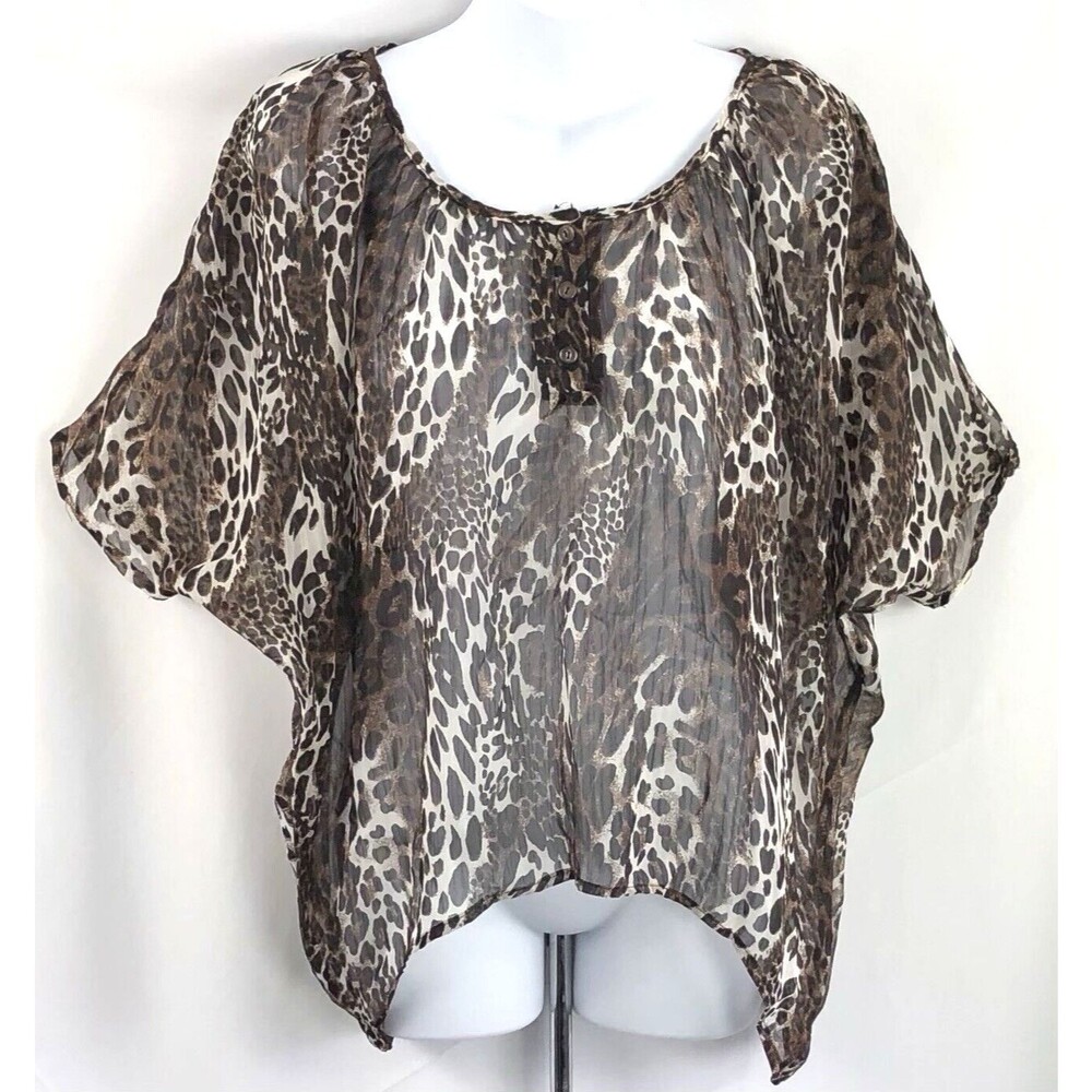 Rachael & Chloe Sheer Top Blouse M Brown Leopard Asymmetrical Dolman 90s Glam